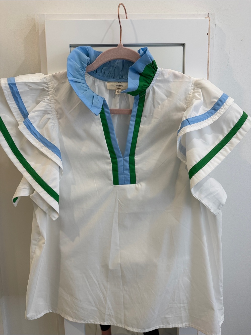 entro White Ruffle Sleeve Top with Blue and Green Trim